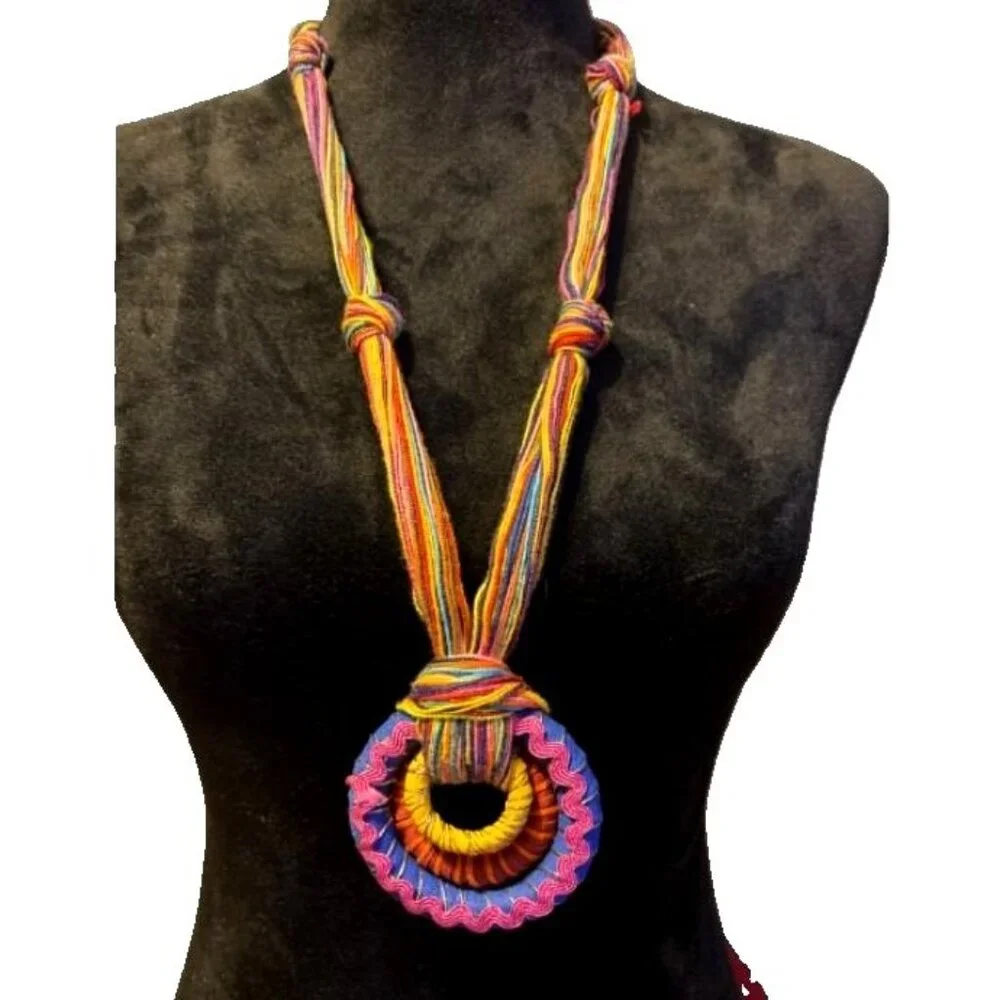 Handcrafted Rainbow Colors Statement Necklace Circular Pendant Boho Hippie Artsy